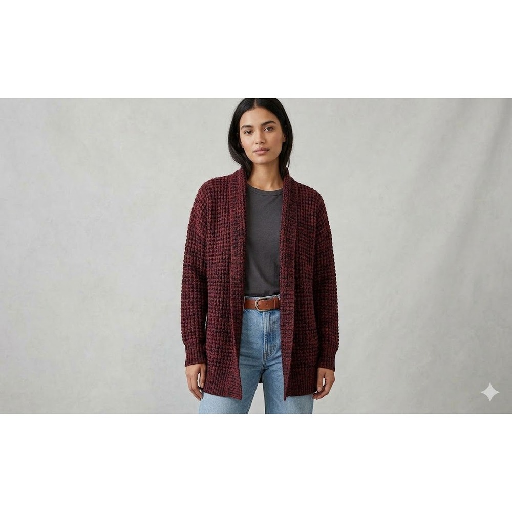 Burgundy Waffle Knit Open Front Cardigan Oversized Longline Sweater Womens 2XL